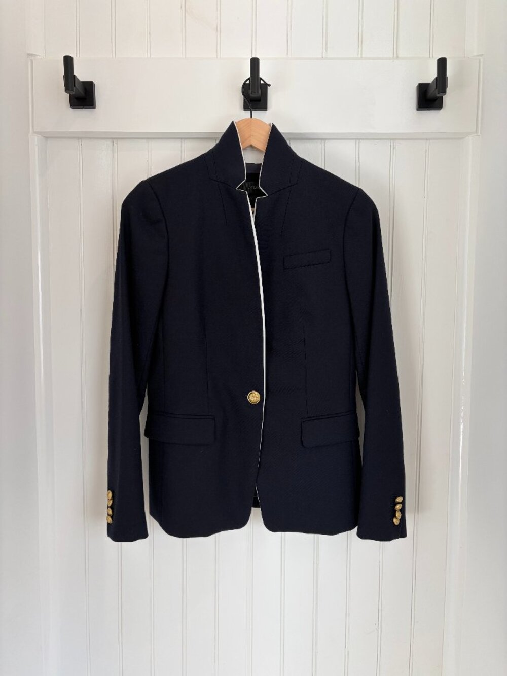 J.Crew Regent Blazer Navy Wool Stand Collar Gold Crest Buttons Sz 2 Blazer